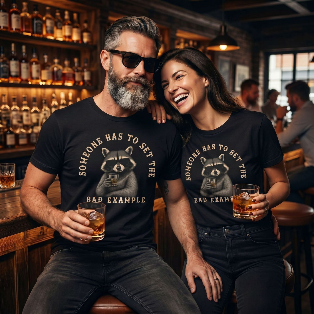 man and woman wearing a bourbon sayings t-shirt