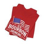 Red t-shirt with U.S. Bourbon Drinking Team design on a white background