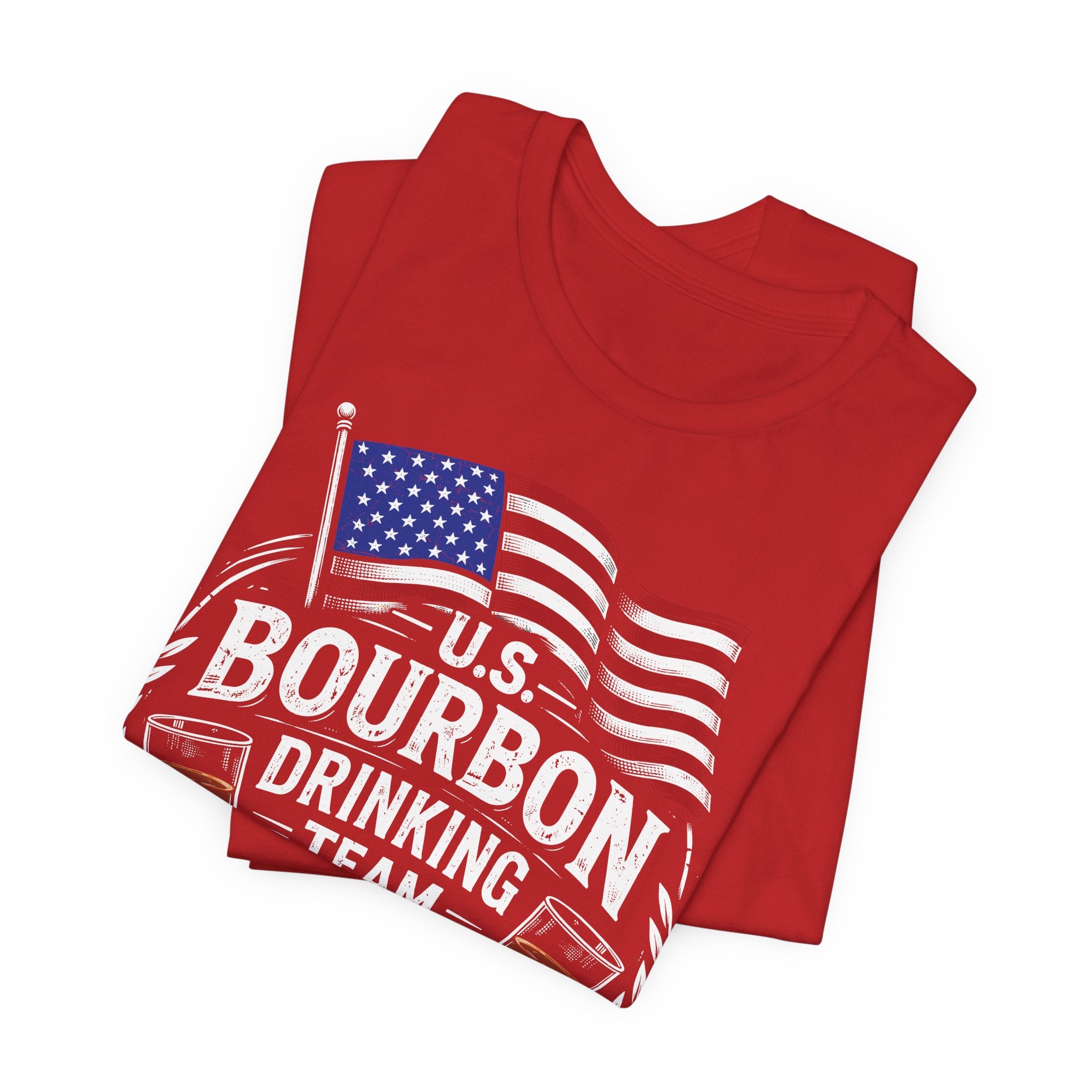 Red t-shirt with U.S. Bourbon Drinking Team design on a white background