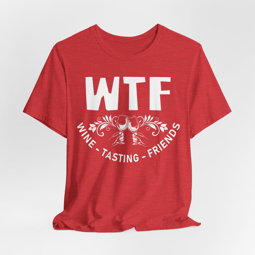 Red t-shirt with 'WTF Wine Tasting Friends' text on a white background