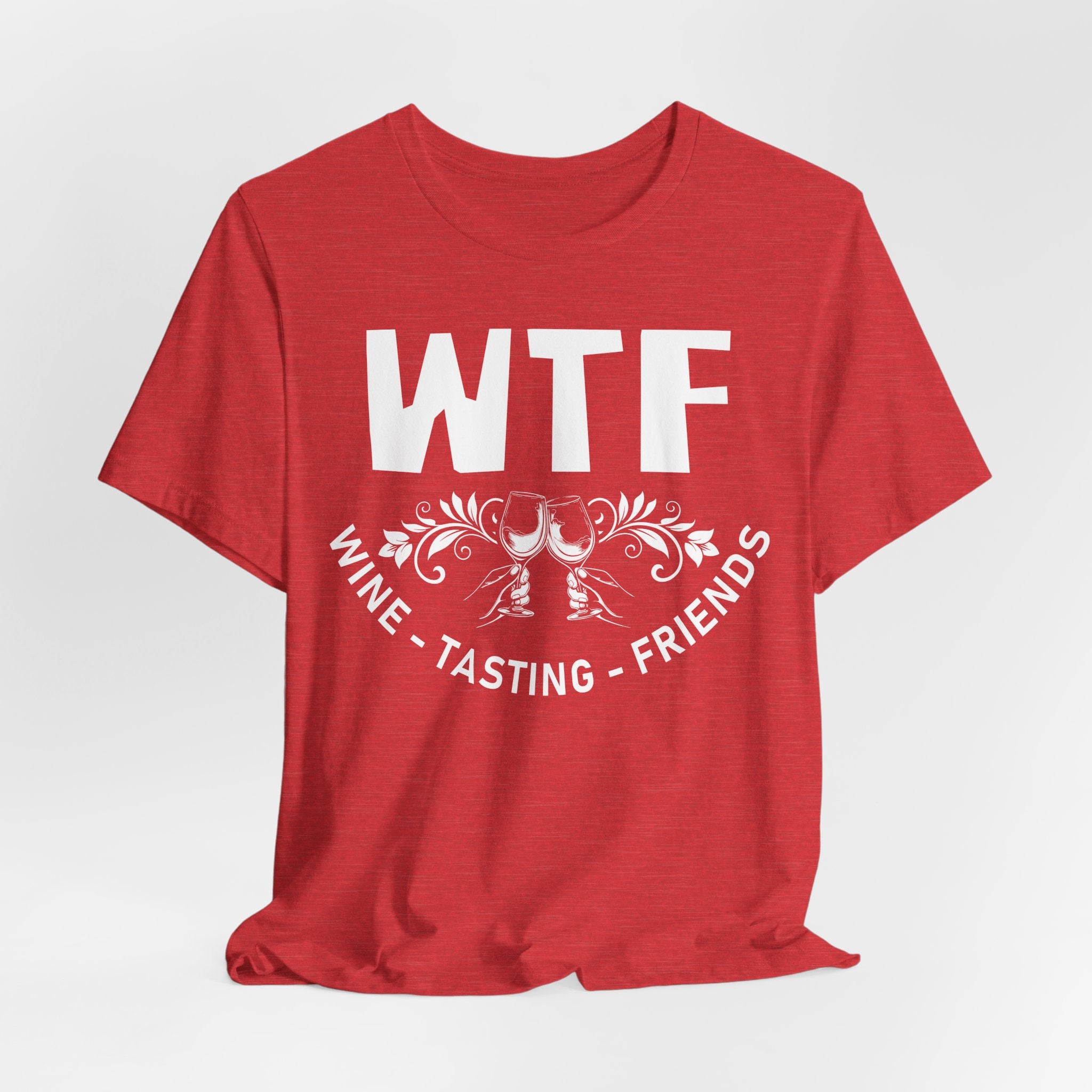 Red t-shirt with 'WTF Wine Tasting Friends' text on a white background