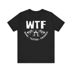 Black t-shirt with 'WTF Wine Tasting Friends' text on a white background