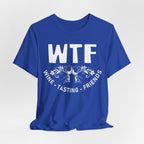 Blue t-shirt with 'WTF Wine Tasting Friends' text on a white background