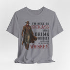 Gray t-shirt with a cowboy graphic and humorous text on a white background