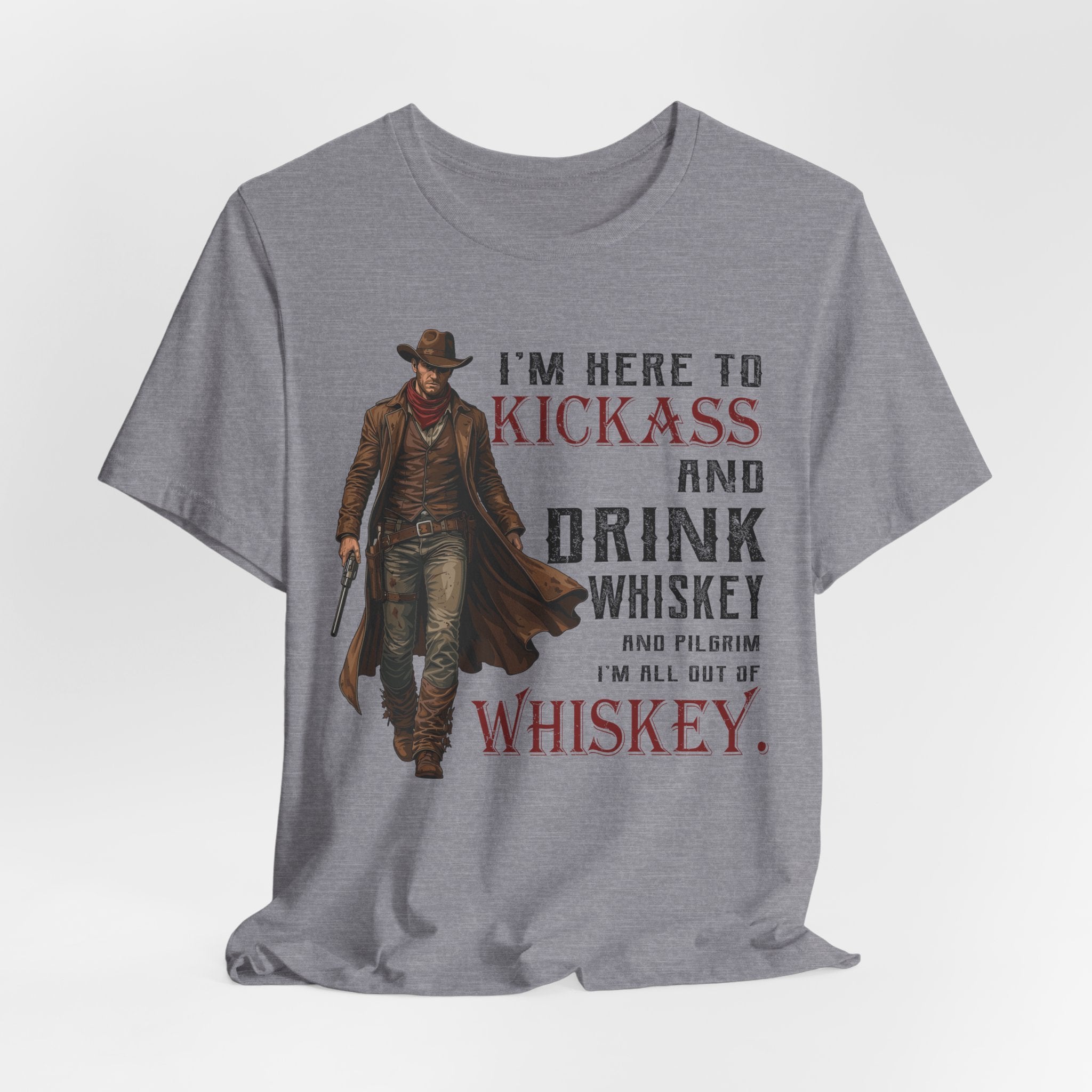 Gray t-shirt with a cowboy graphic and humorous text on a white background