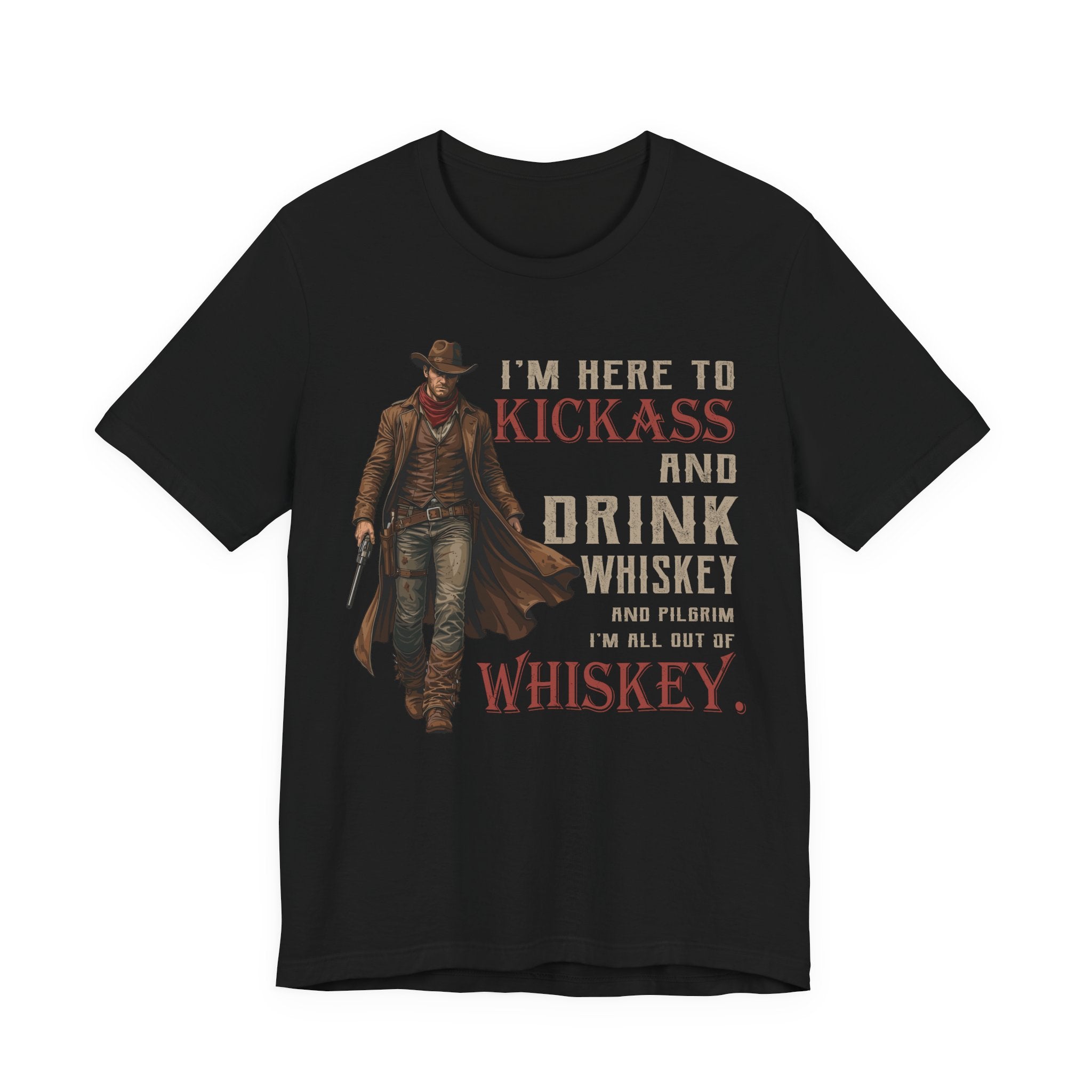 Black t-shirt with a cowboy graphic and humorous text on a white background