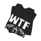 Black t-shirt with 'WTF' text and wine graphics on a white background