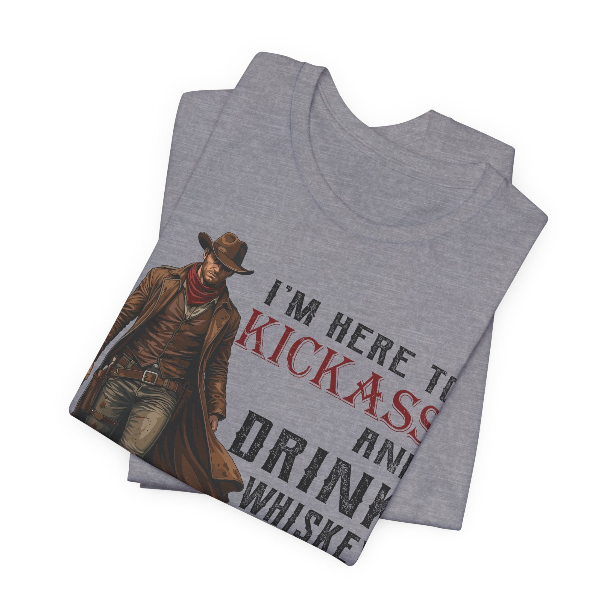 Gray t-shirt with a cowboy graphic and text on a white background