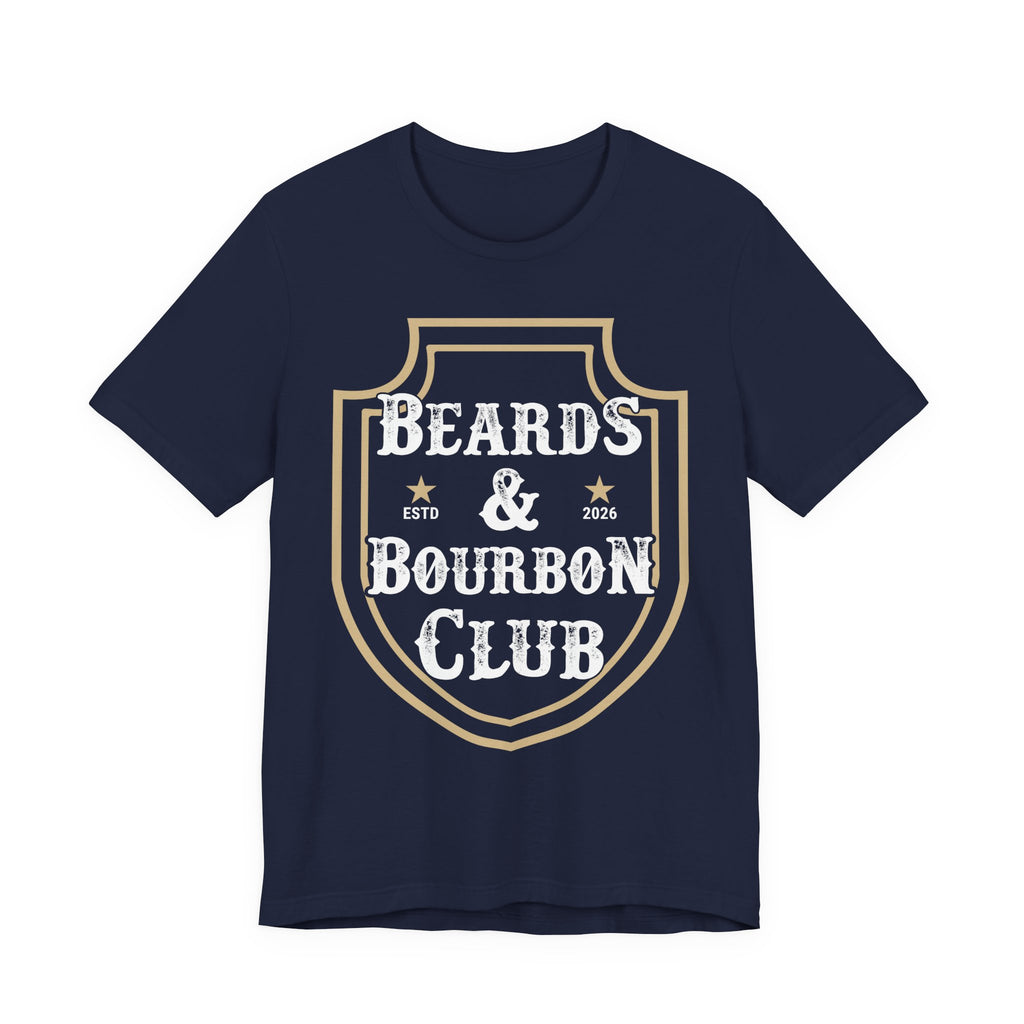 Black t-shirt with 'Beards & Bourbon Club' design on a white background