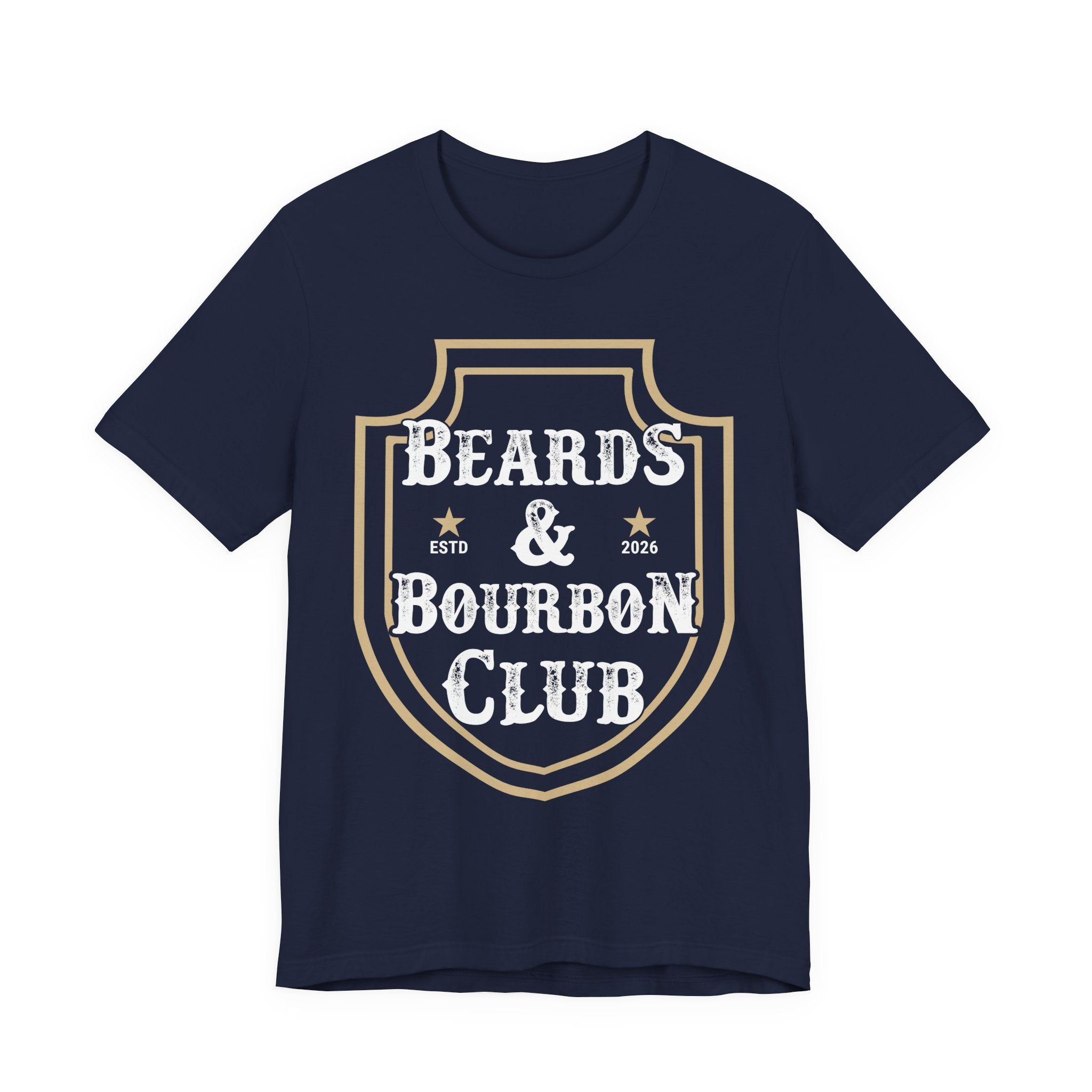 Black t-shirt with 'Beards & Bourbon Club' design on a white background