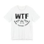 White t-shirt with 'WTF Wine Tasting Friends' graphic on a white background
