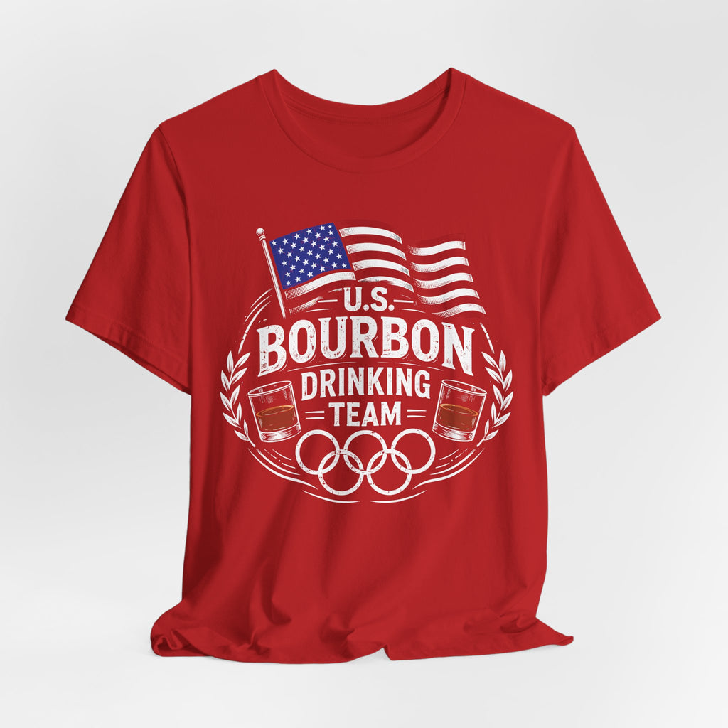 Red t-shirt with U.S. Bourbon Drinking Team design featuring an American flag on a white background