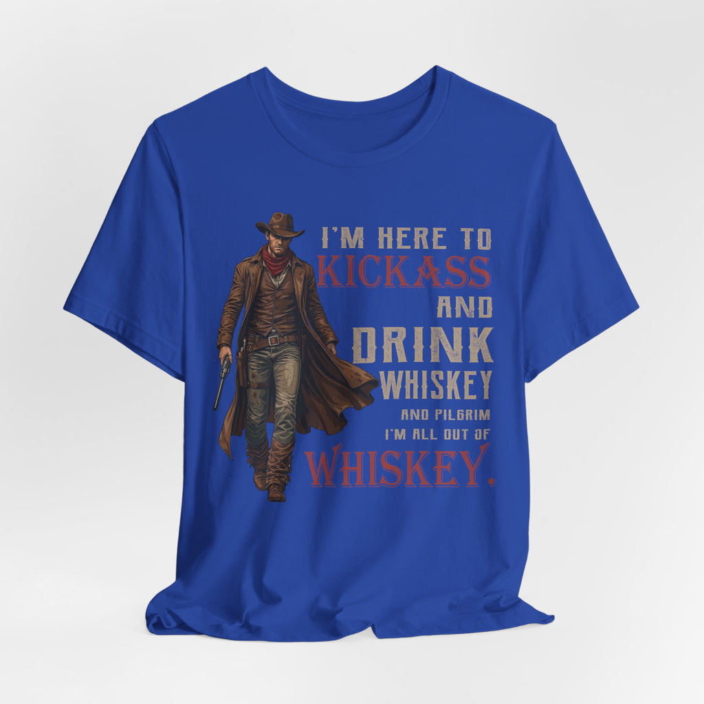 Blue t-shirt with a cowboy graphic and text on a white background