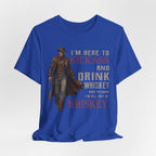 Blue t-shirt with a cowboy graphic and text on a white background