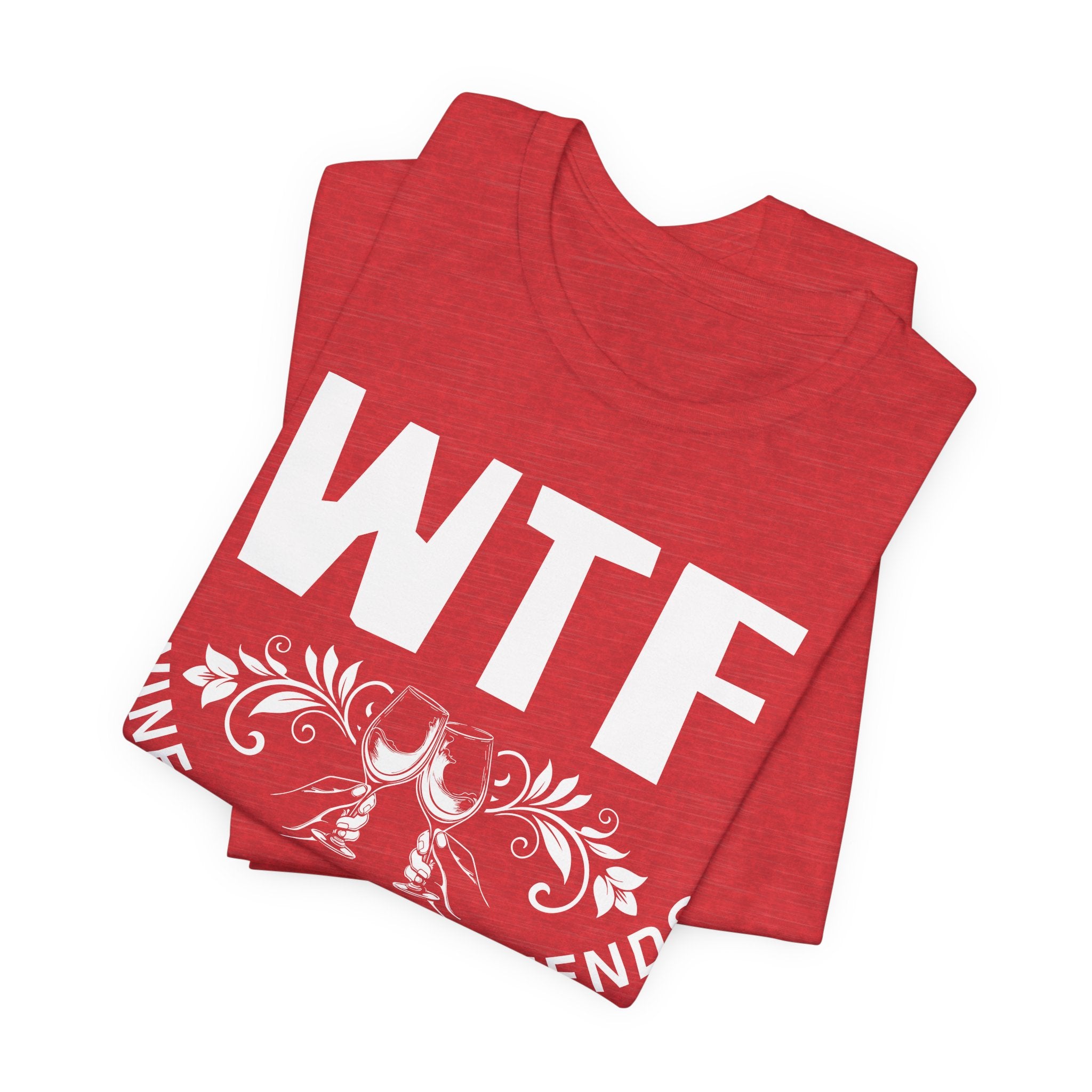 Red t-shirt with 'WTF' printed on it, featuring a graphic design, on a white background.