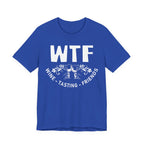 Blue t-shirt with 'WTF Wine Tasting Friends' text on a white background