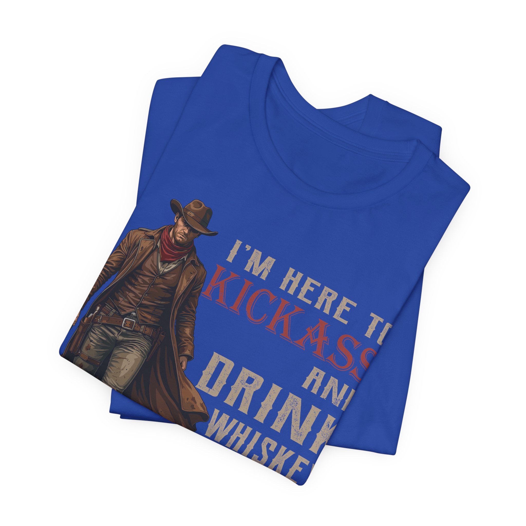 Blue t-shirt with cowboy graphic and text on a white background