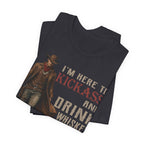 Black t-shirt with cowboy graphic and text on a white background