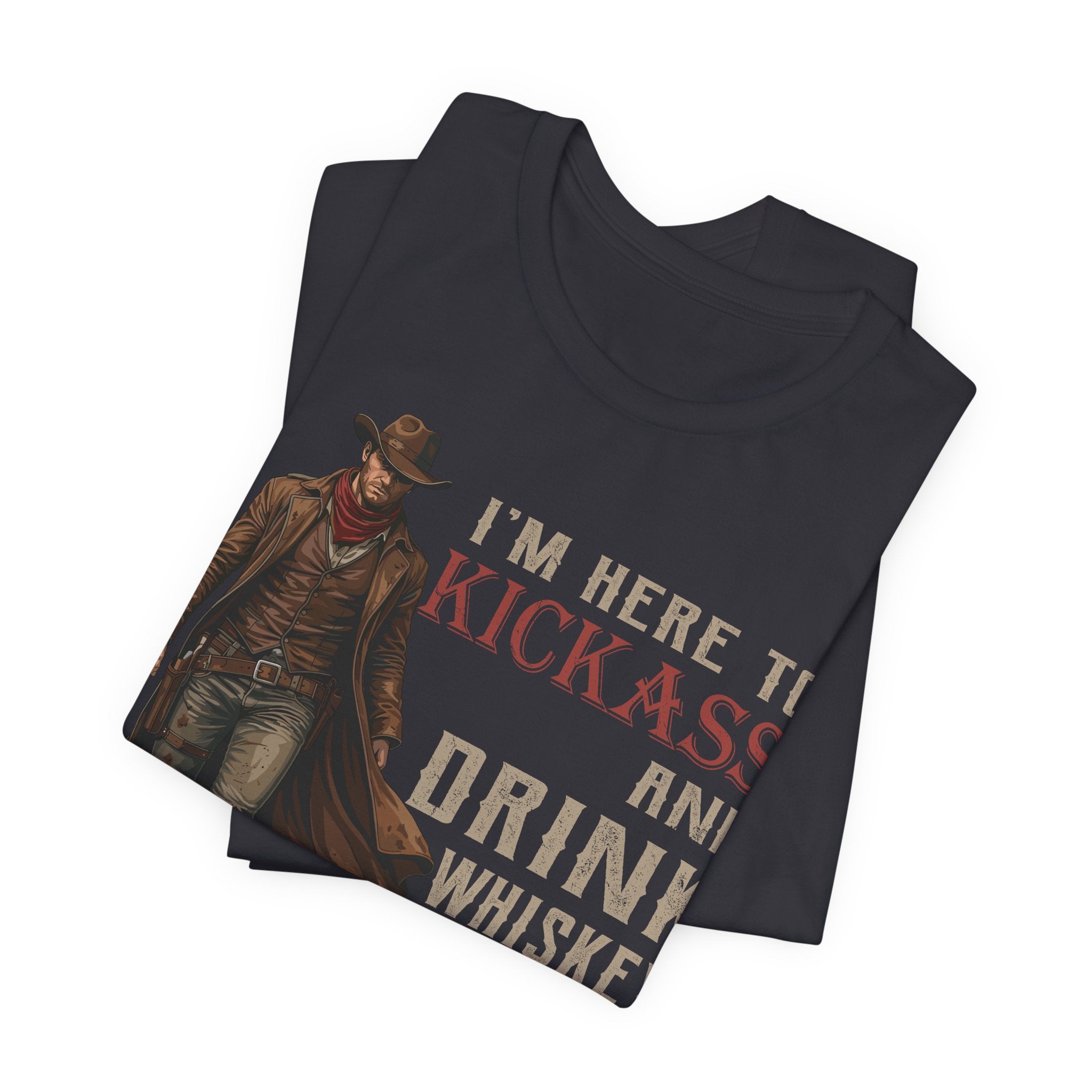 Black t-shirt with cowboy graphic and text on a white background