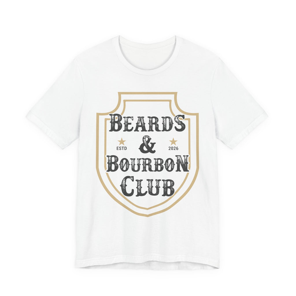 White t-shirt with 'Beards & Bourbon Club' design on a white background