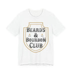 White t-shirt with 'Beards & Bourbon Club' design on a white background