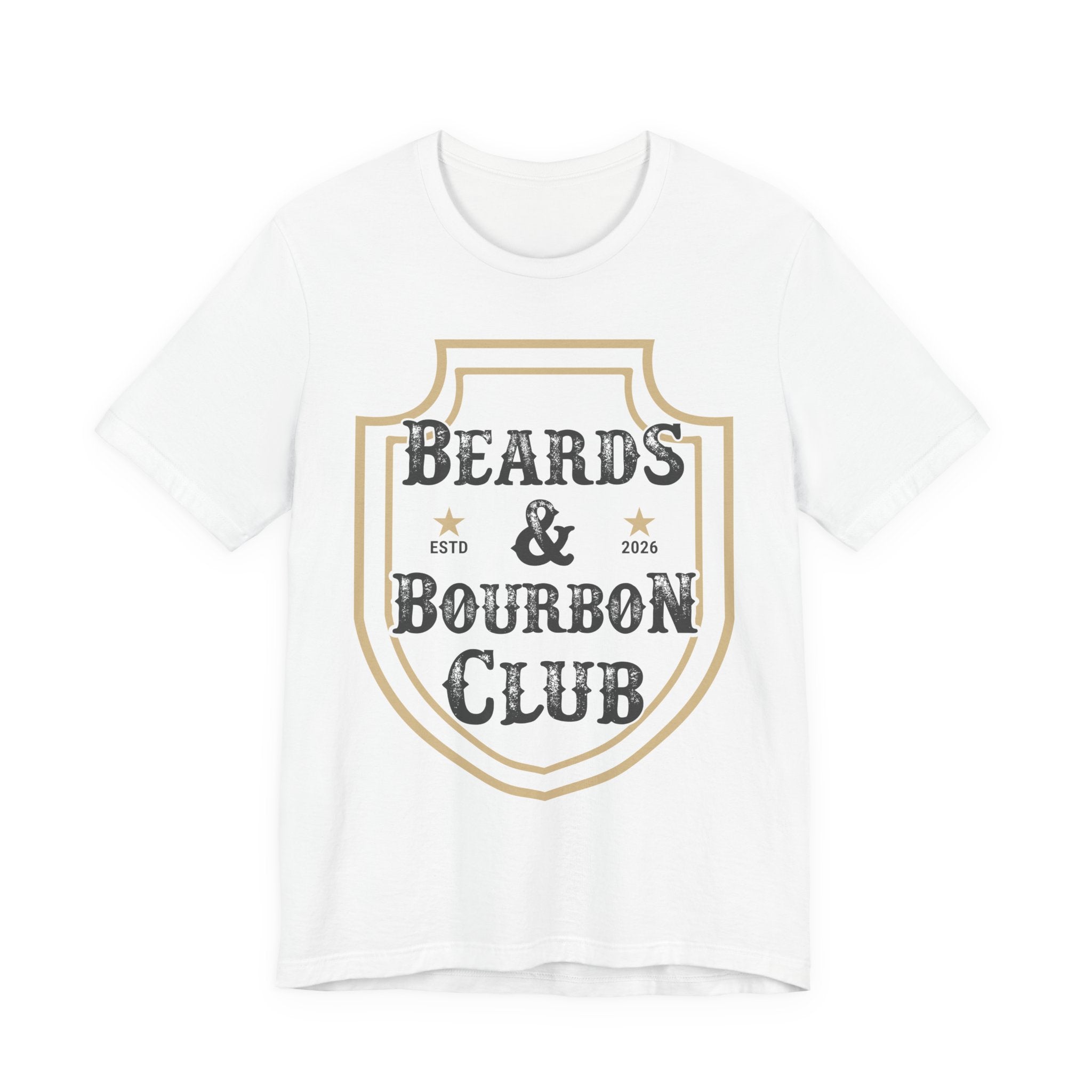 White t-shirt with 'Beards & Bourbon Club' design on a white background