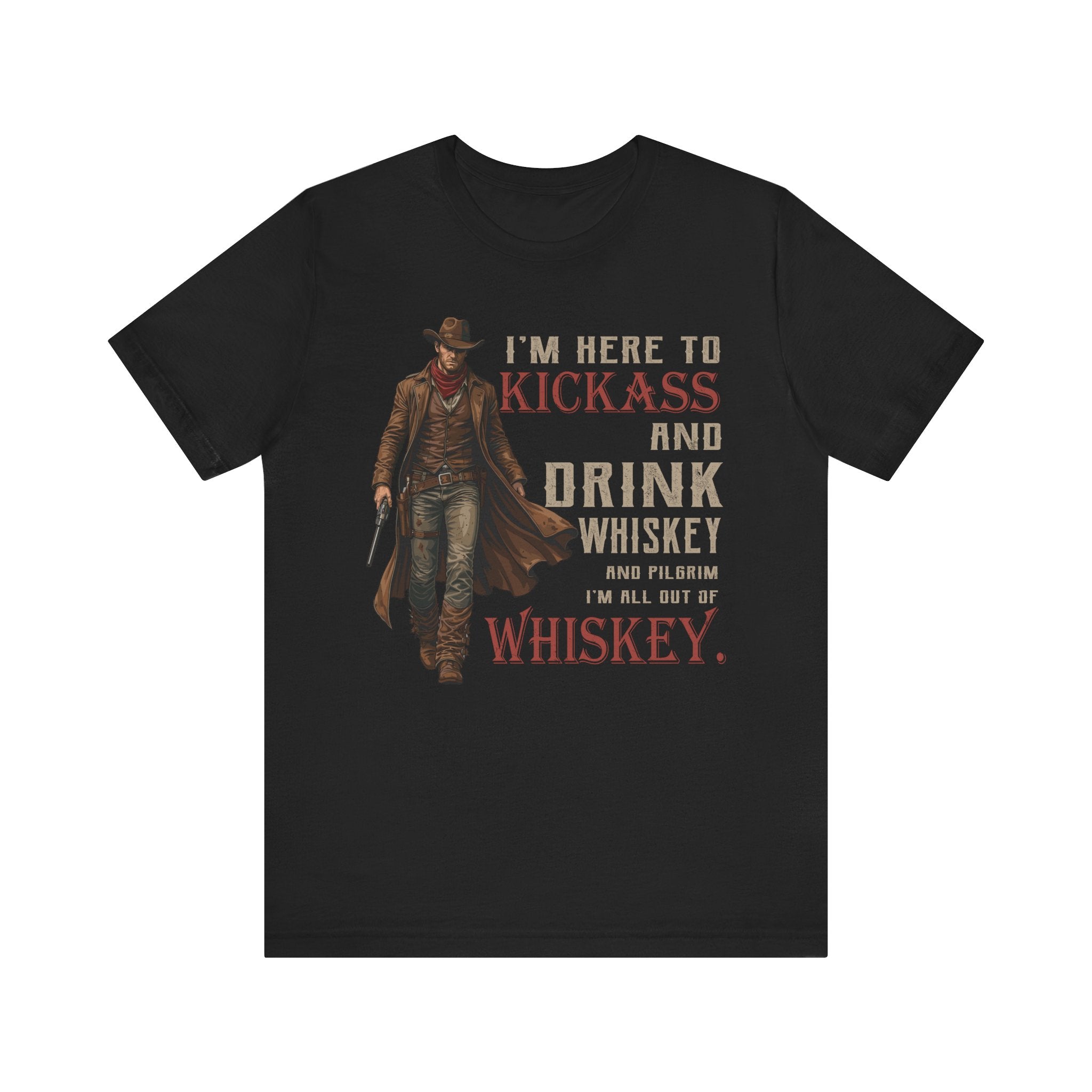 Black t-shirt with a graphic of a cowboy and humorous text on a white background