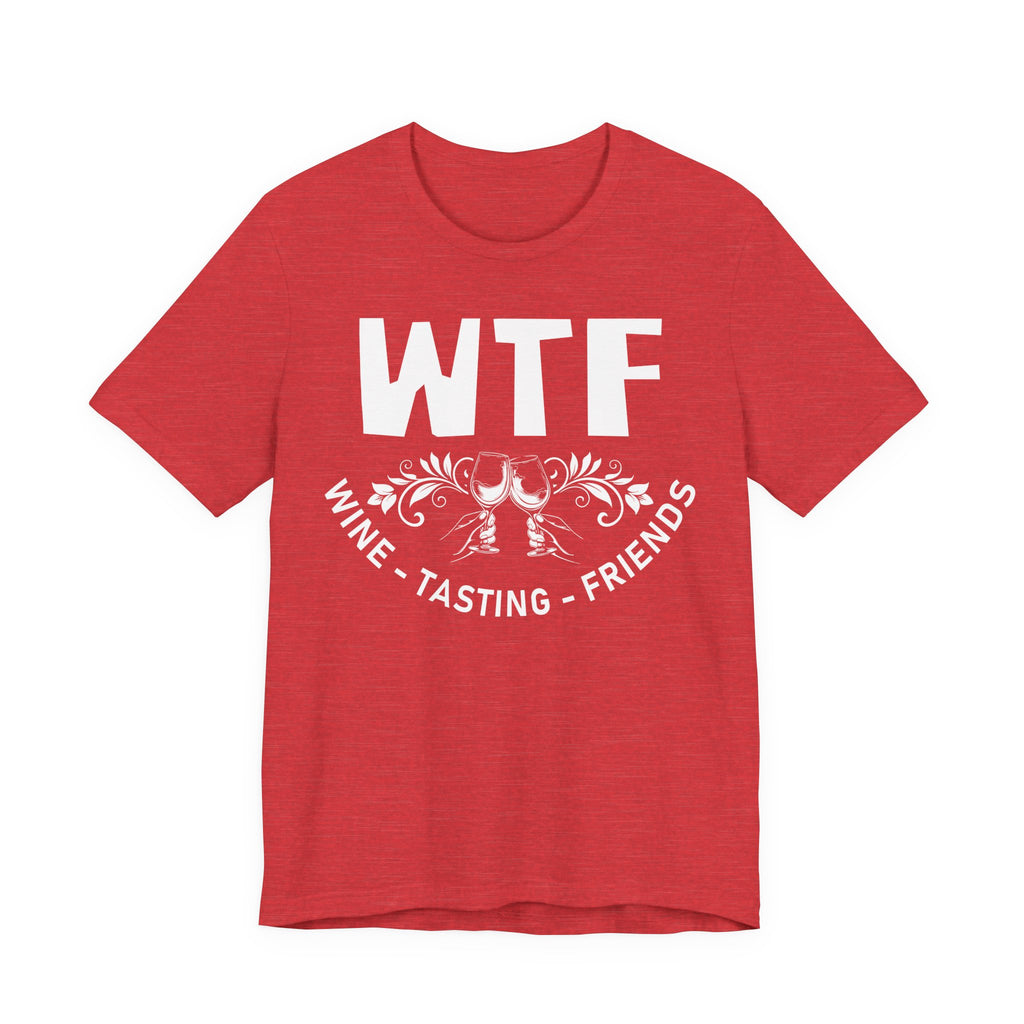 Red t-shirt with 'WTF Wine Tasting Friends' text on a white background