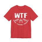 Red t-shirt with 'WTF Wine Tasting Friends' text on a white background
