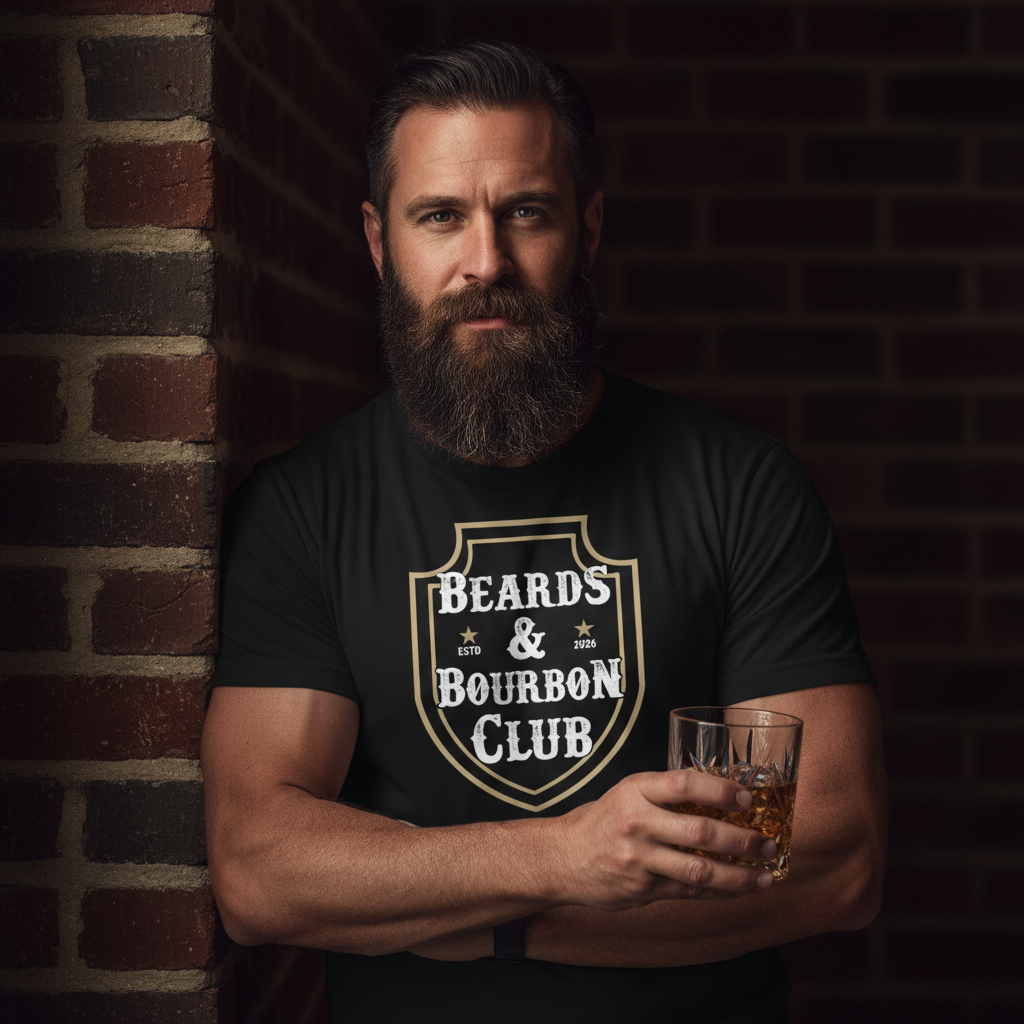Man holding a glass of whiskey wearing a 'Beards & Bourbon Club' shirt against a brick wall.