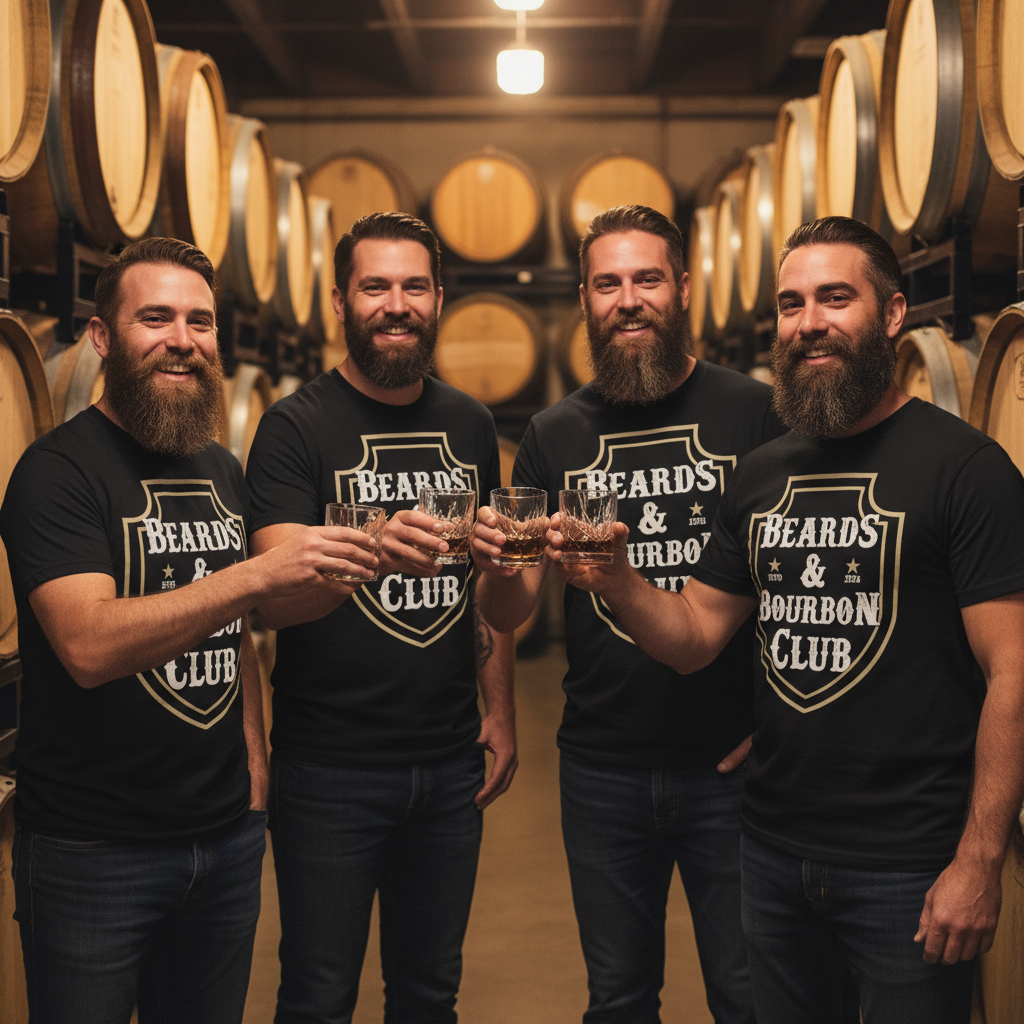 Four men in a barrel room wearing 'Beards & Bourbon Club' shirts, holding glasses of whiskey.