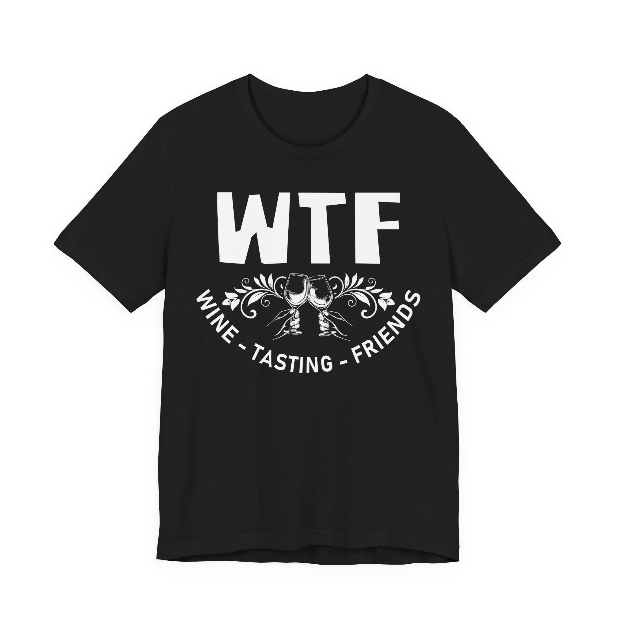 Black t-shirt with 'WTF Wine Tasting Friends' text and graphics on a white background