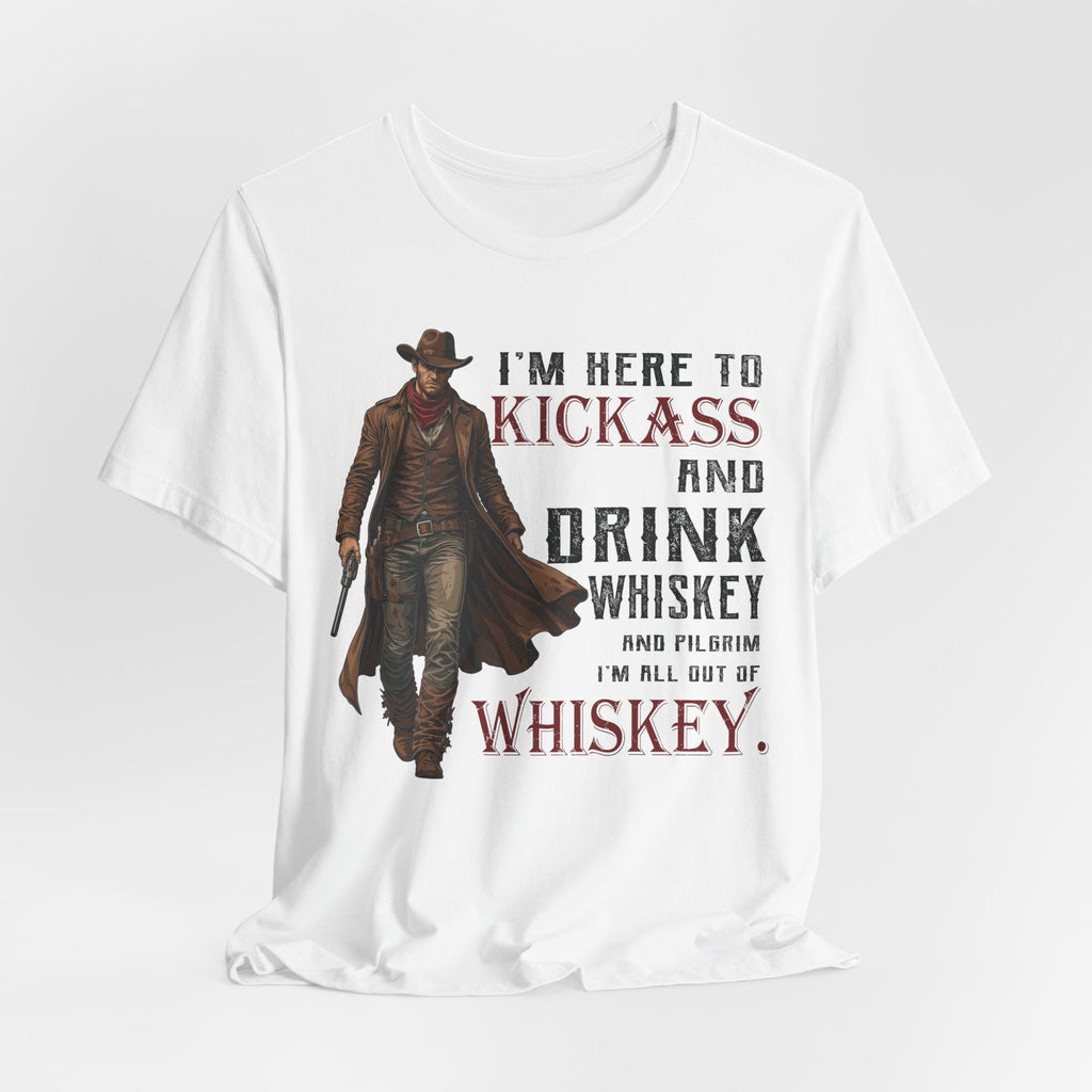 White t-shirt with a cowboy graphic and humorous text on a white background