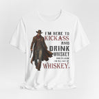 White t-shirt with a cowboy graphic and humorous text on a white background