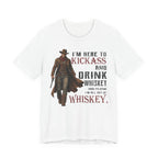 White t-shirt with a cowboy graphic and humorous text on a white background