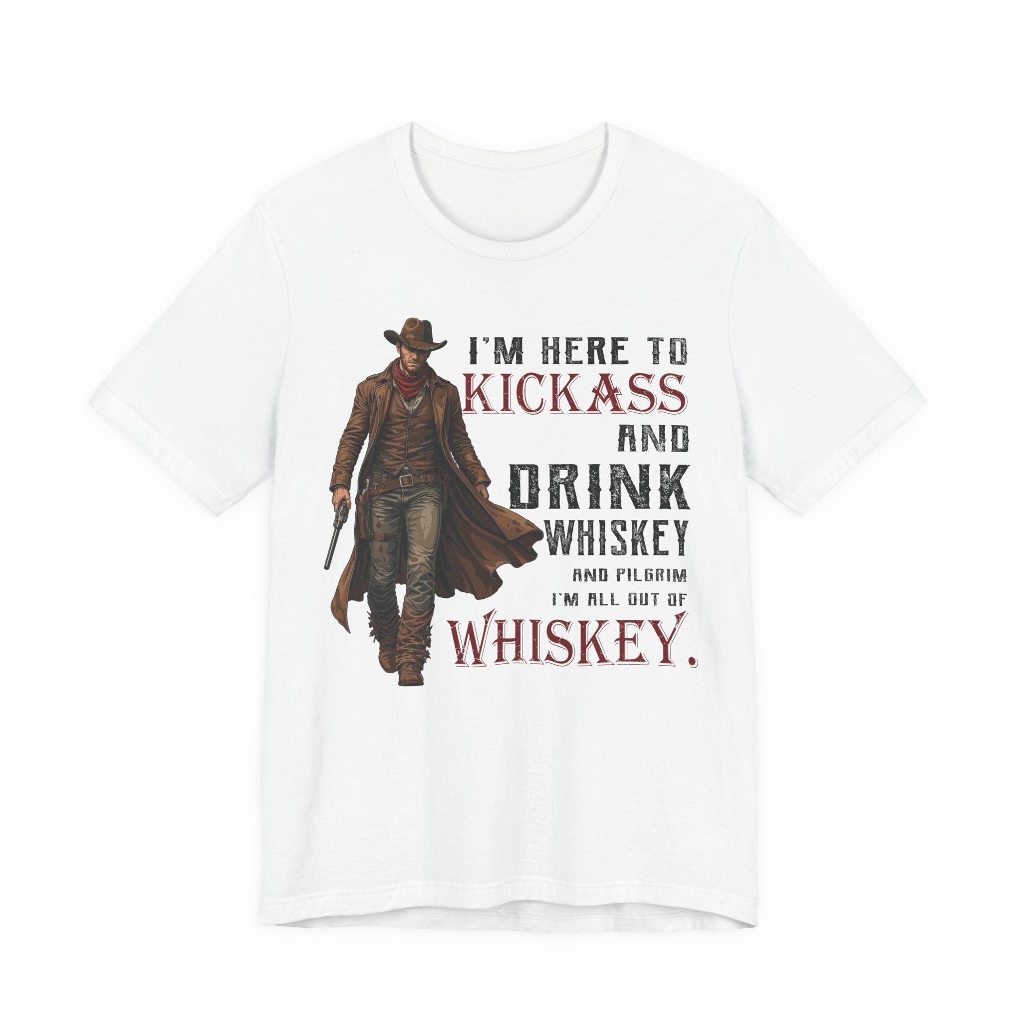 White t-shirt with a cowboy graphic and humorous text on a white background