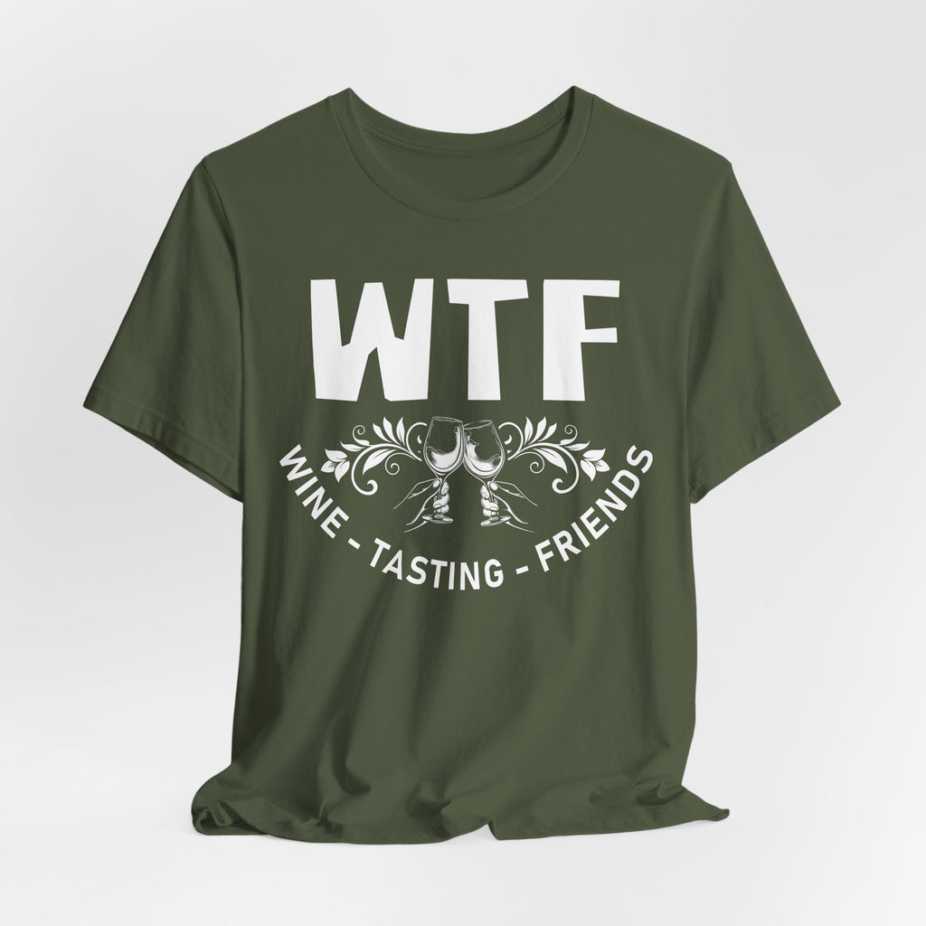 Green t-shirt with 'WTF Wine Tasting Friends' text on a white background
