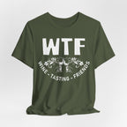 Green t-shirt with 'WTF Wine Tasting Friends' text on a white background