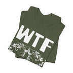 Black t-shirt with military-themed graphic on a white background