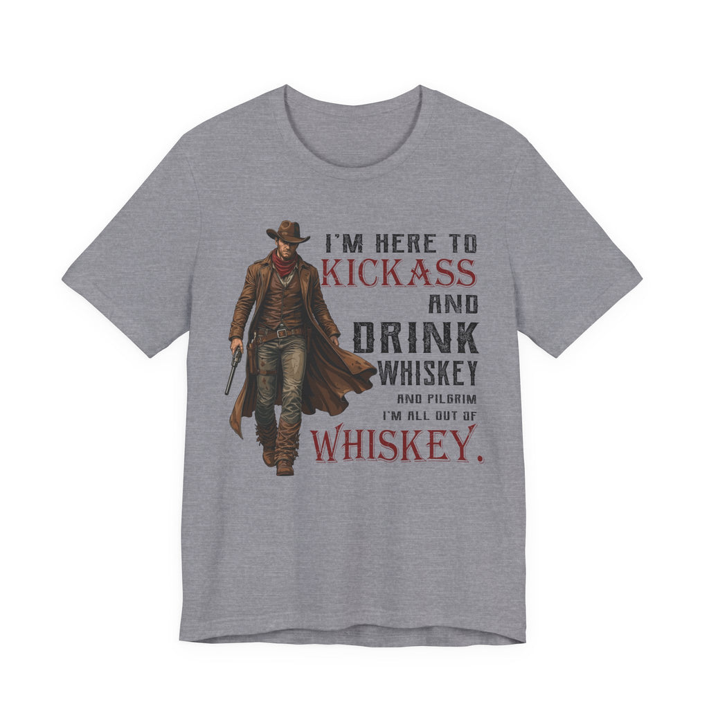 Gray t-shirt with a cowboy graphic and humorous text on a white background