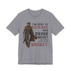 Gray t-shirt with a cowboy graphic and humorous text on a white background