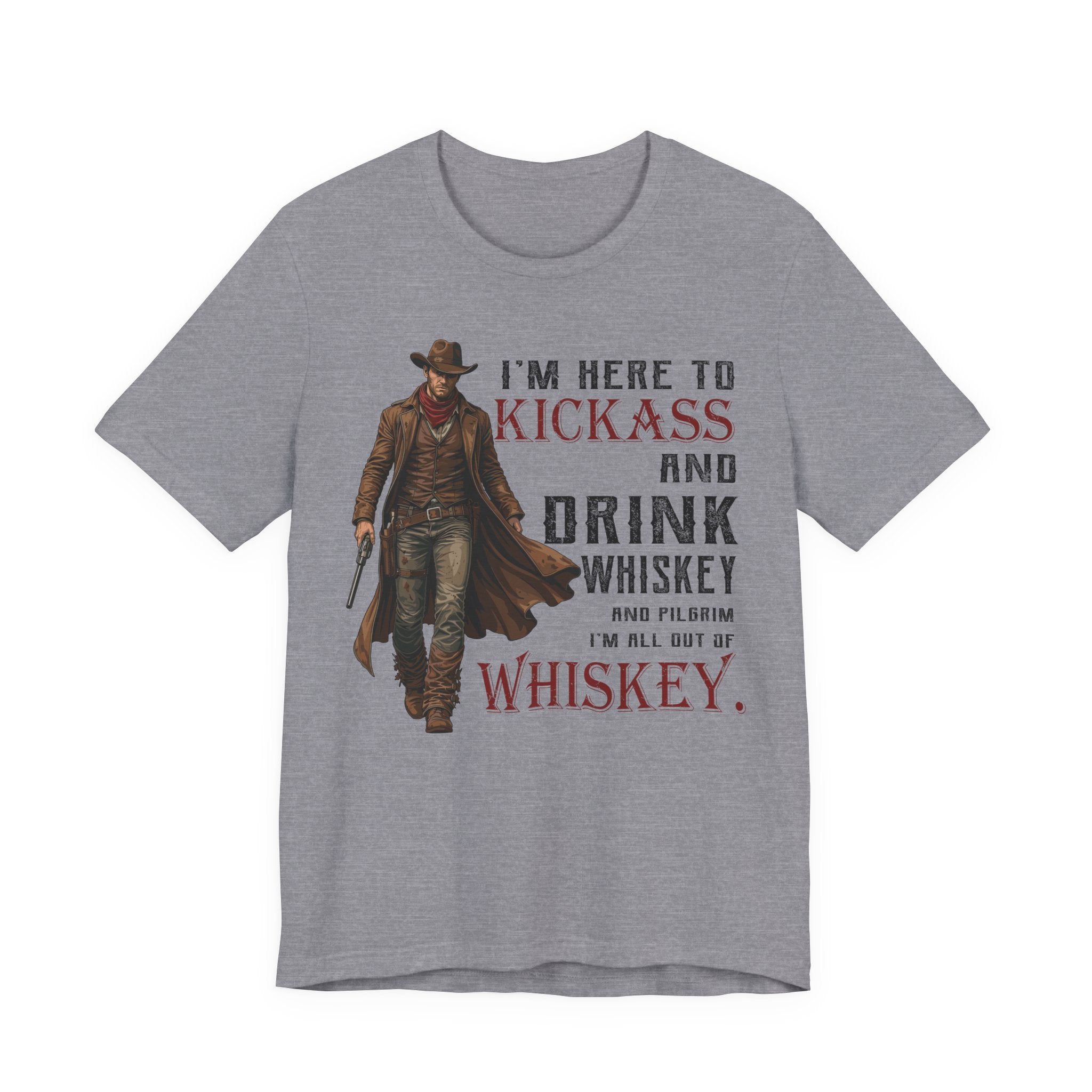Gray t-shirt with a cowboy graphic and humorous text on a white background