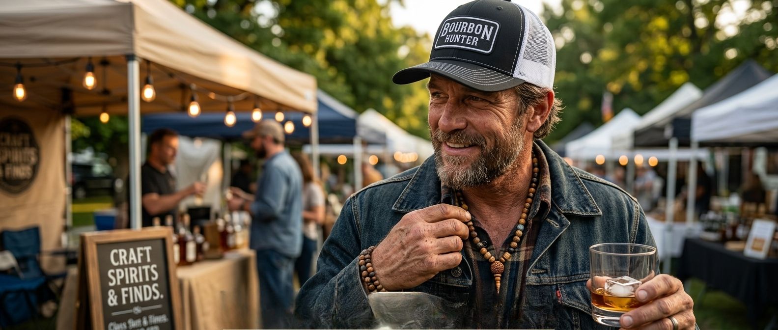 Man wearing a bourbon nation cap at an outdoor event with craft spirits and finds.