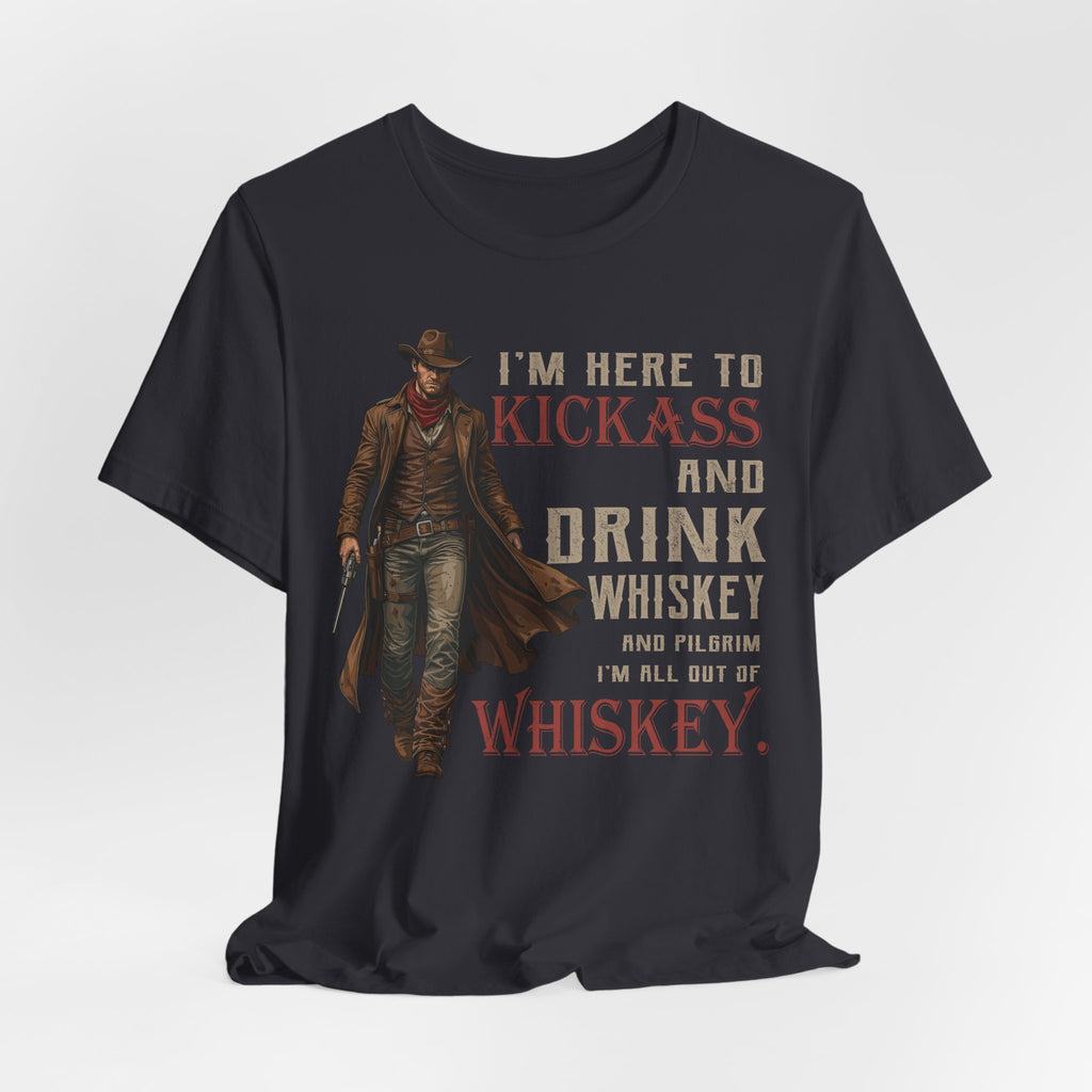 Black t-shirt with white graphic and text on a light gray background