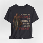 Black t-shirt with white graphic and text on a light gray background