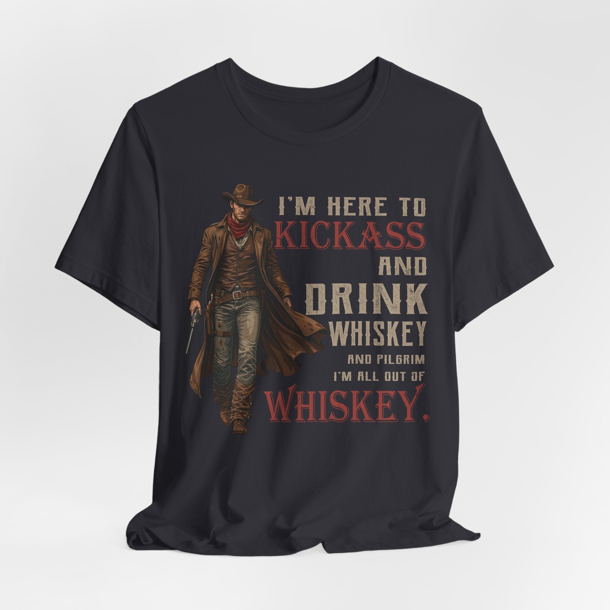 Black t-shirt with white graphic and text on a light gray background