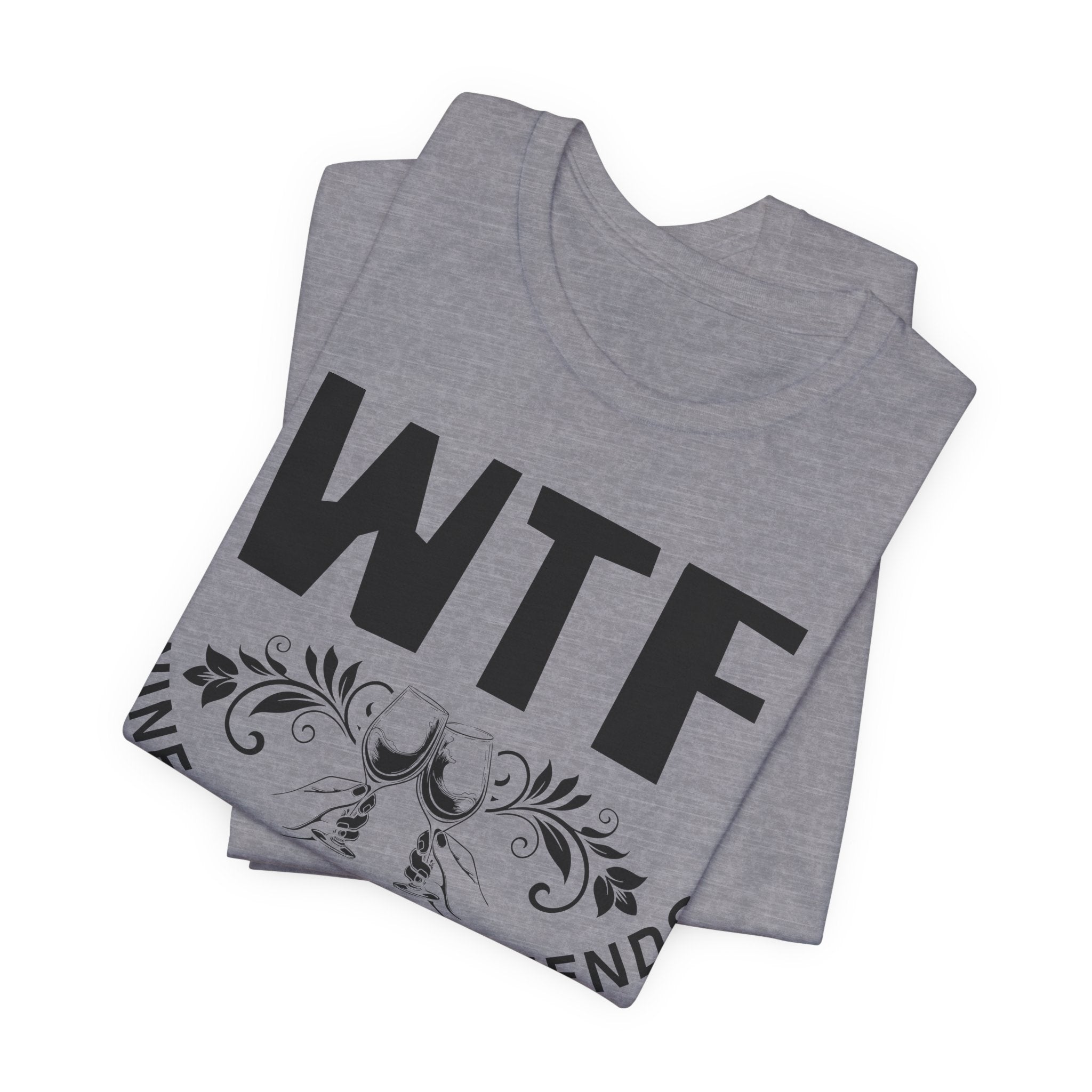 Gray t-shirt with 'WTF' printed on it, folded and displayed against a white background