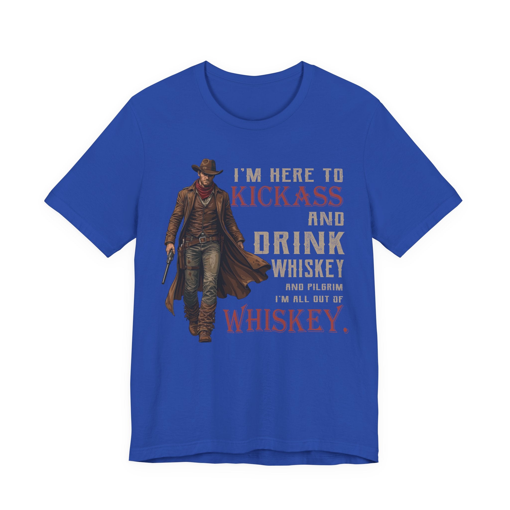 Blue t-shirt with a graphic of a cowboy and text on a white background