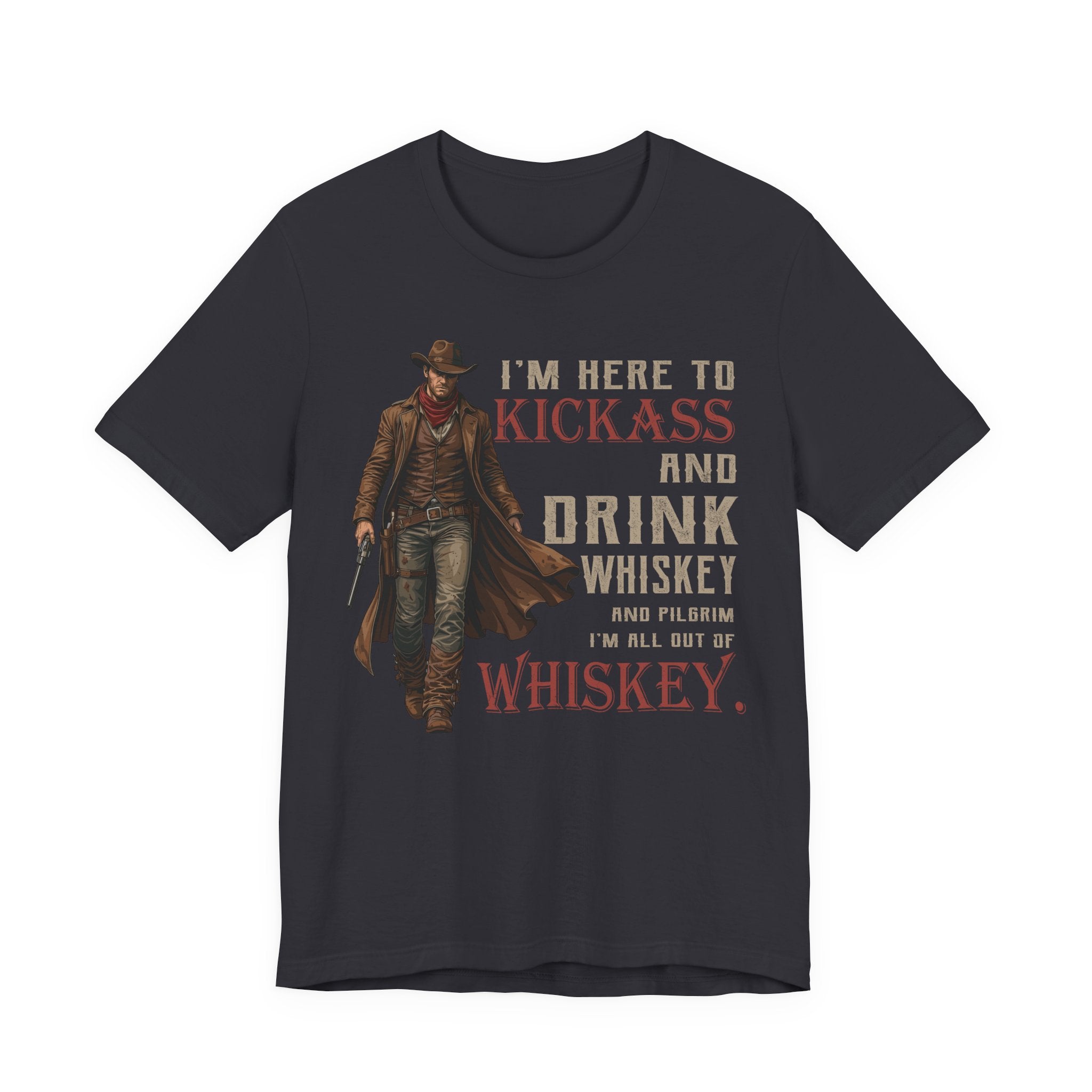 Black t-shirt with a graphic of a cowboy and text on a white background
