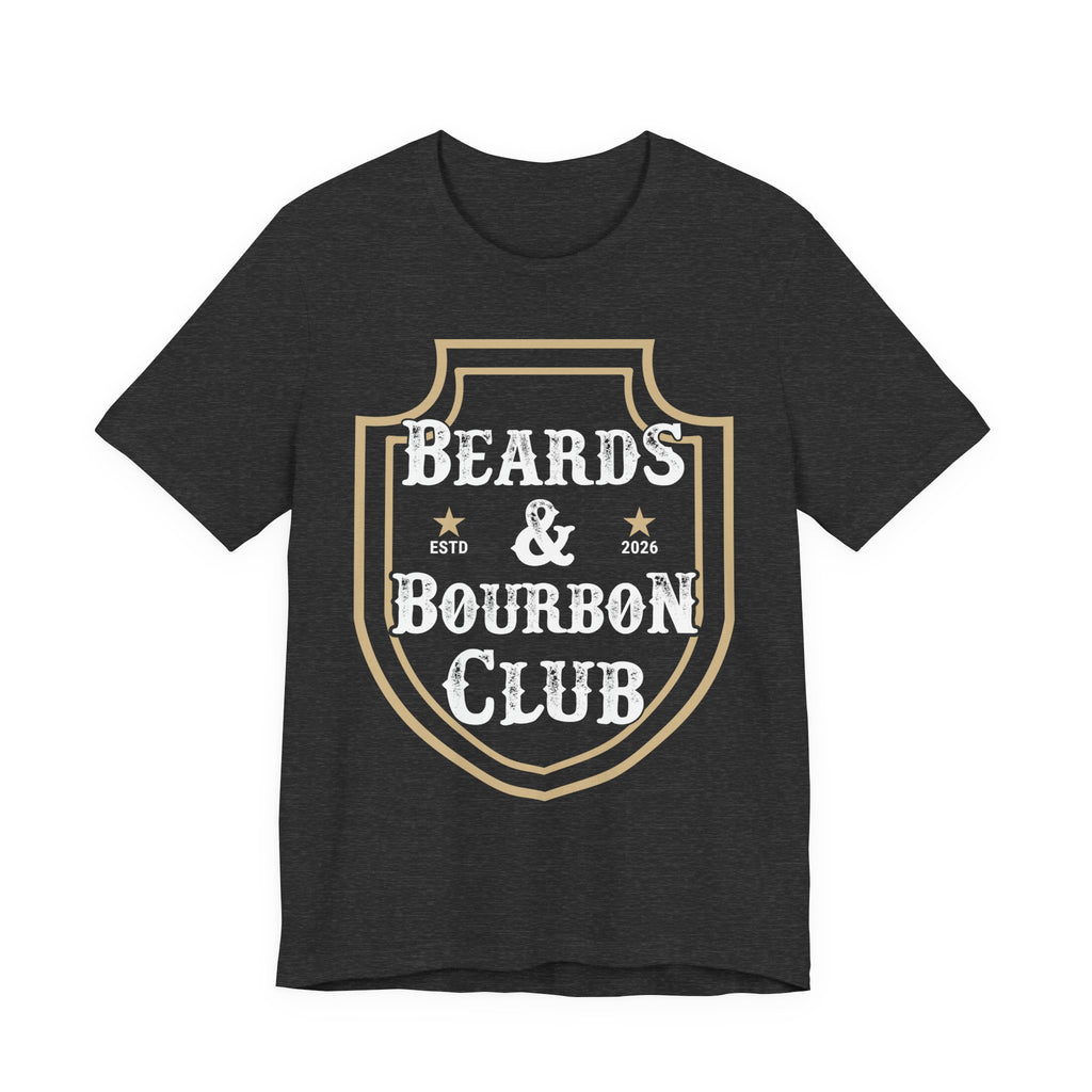 Black t-shirt with 'Beards & Bourbon Club' design on a white background